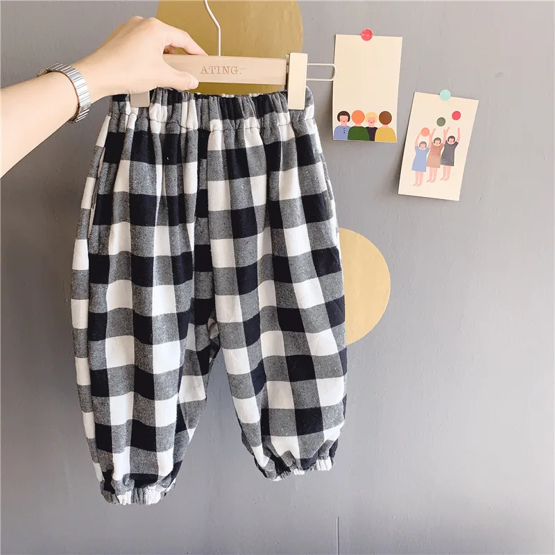 plaid Зимние Модные Плотные свободные штаны-шаровары в крупный горошек для мальчиков и девочек Детские теплые флисовые повседневные брюки От 1 до 5 лет - Цвет: plaid