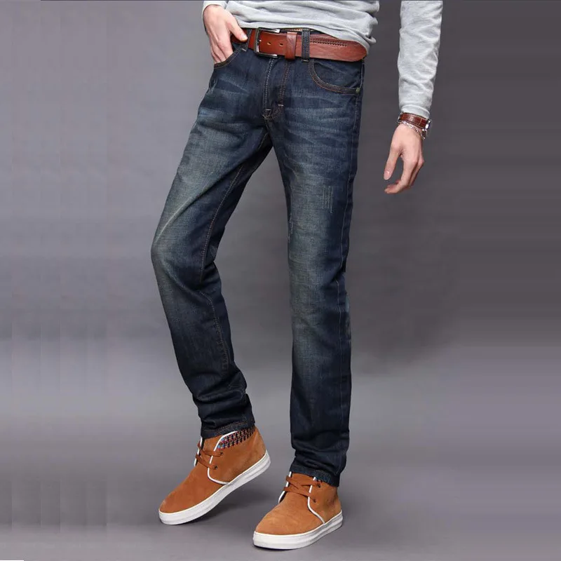 Новинка, низкая цена, высокое качество, мужские джинсы с эффектом потертости, облегающие мужские джинсовые брюки, брюки с внутренним швом, с лентой, мужские длинные джинсы
