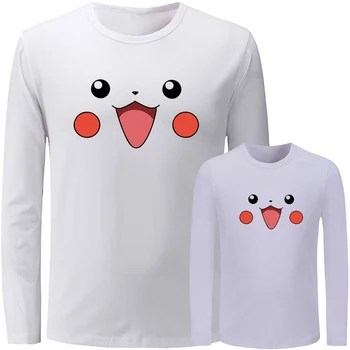 

Funny Cartoon Pokemon Pikachu Pokeball Design Matching Family Outfits T-shirt Dad Son Long Sleeve Tee Men Boy Printed Tops Gift