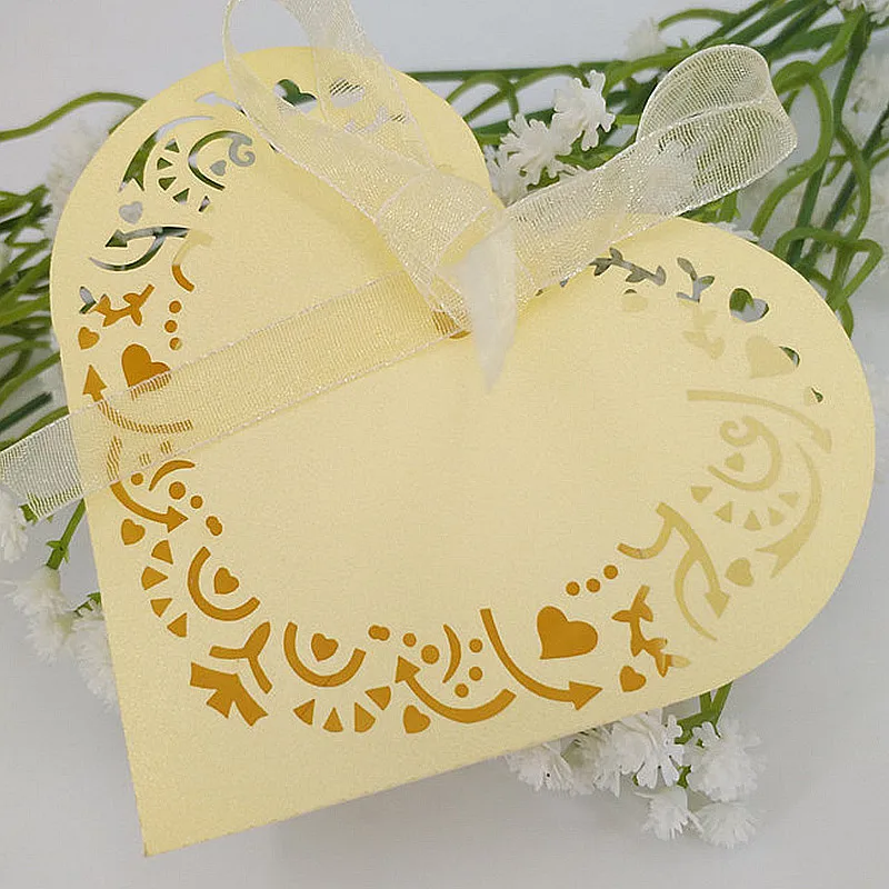 10/50 шт в форме сердца коробочки для Драже свадьба, сладости конфеты подарок за Коробки с лентой украшения стола коробка шоколада 5z - Цвет: Yellow