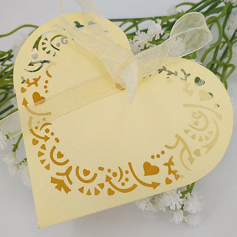 Yellow 10/50 шт в форме сердца коробочки для Драже свадьба, сладости конфеты подарок за Коробки с лентой украшения стола коробка шоколада 5z - Цвет: Yellow