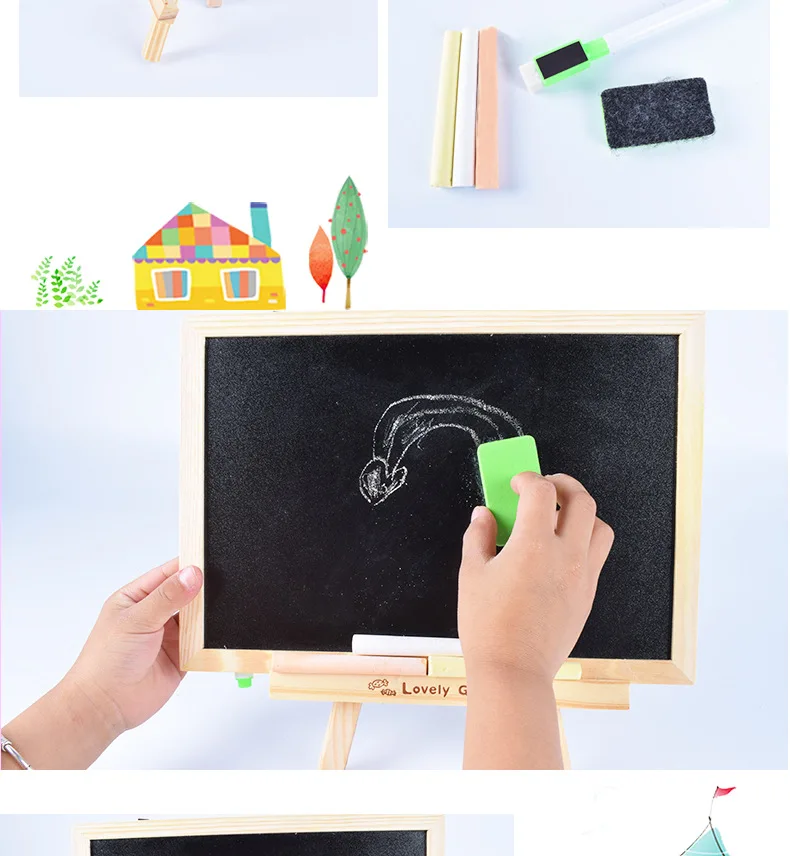 Wooden Educational Children Small Blackboard Magnetic Drawing Board Office Supplies Three Holder Double-Sided Small Drawing Boar