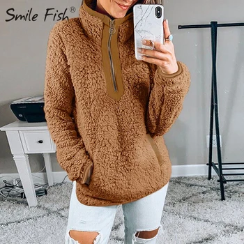 

Women Hoodies Long Sleeve Casual Autumn Winter Turtleneck Pullovers Streetwear Pockets Zip-up Sweatshirts Solid Moletom GV874