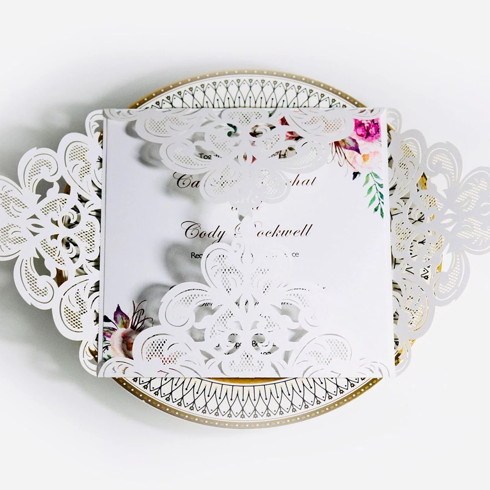 10pc/lot Wedding Invitations Elegant Engagement White Hollow Laser Cut Wedding Invitation Card With Ribbon Free Envelope Seals