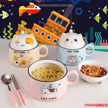 Creativity High Capacity Spoon with Lid Ceramics Instant Noodle Bowl Young Girl Dorm Room Student Office Super Large Bowl Mug