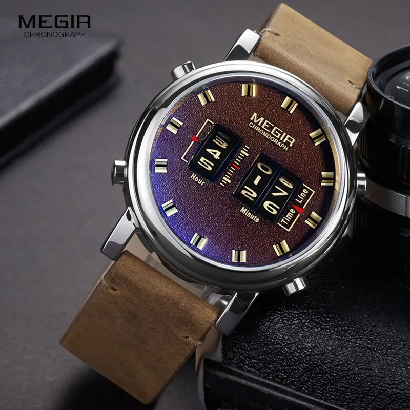  MEGIR 2019 New Top Band Watches Men Military Sport Brown Leather Quartz Wrist Watch Luxury Drum Rol