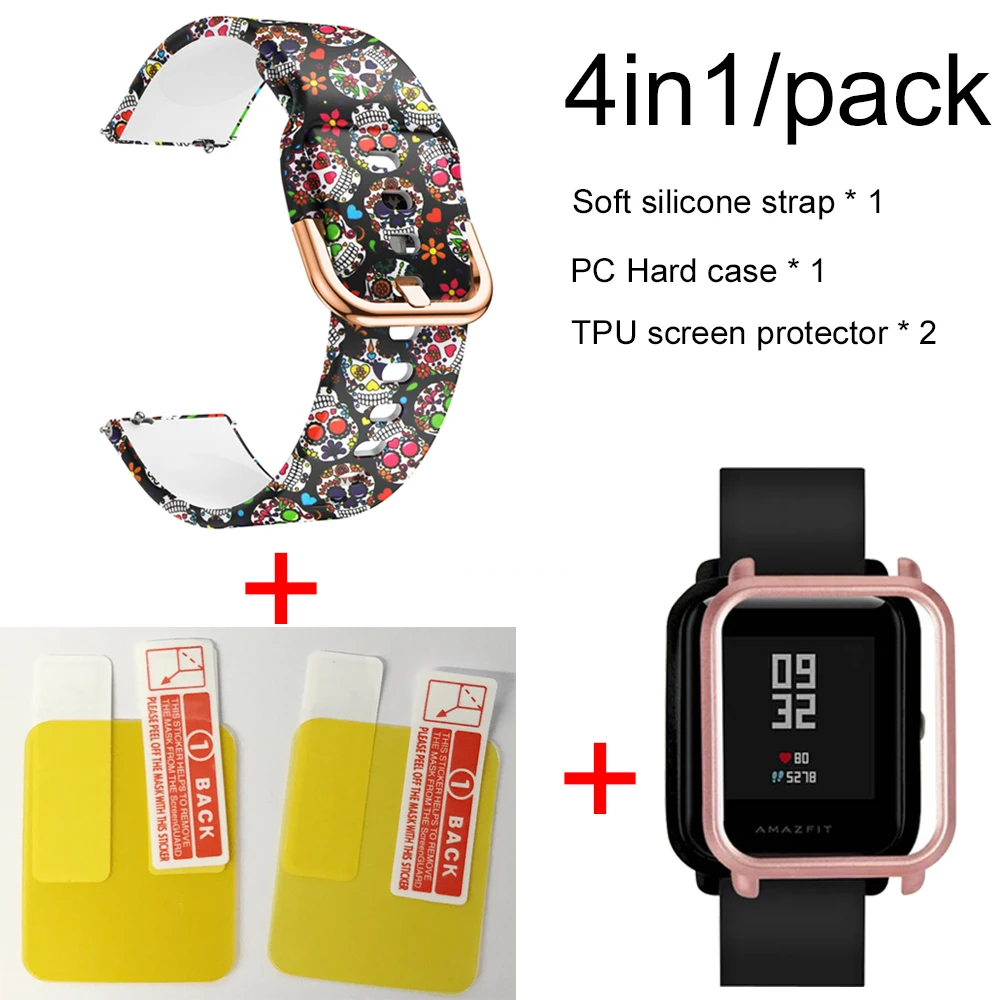 4в1 мягкий силиконовый ремешок для Xiaomi Huami Amazfit Bip маленький браслет часы с PC чехол Защитная пленка для экрана - Цвет: color skull-Rose pin