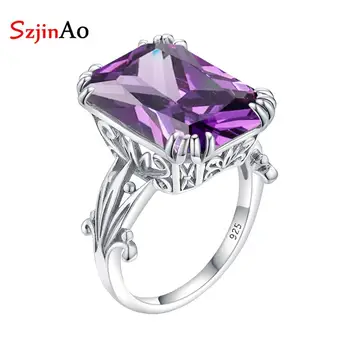 

Szjinao Silver Rings For Women Real 925 Sterling Silver Vintage Amethyst Gemstone Rectangle Fine Jewelry Handmade Wedding Gift