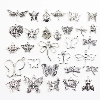 매력 할로우 나비 잠자리 꿀벌 딱정벌레 골동품 실버 색상 혼합 펜던트 DIY 결과 티베트어 보석 공예, 30 개