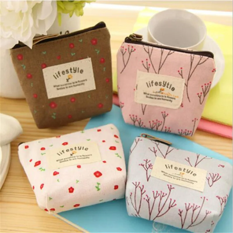 Korean Style Canvas Women's Small Coin Bags Wallet Zipper Flower Cotton Money Key Wallet Pouch Case Bags Kids Girl