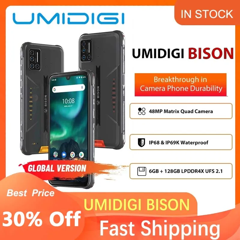 Umidigi bison smartphone 6gb + 128gb nfc ip68/ip69k impermeável áspero telefone 48mp quad camera 6.3