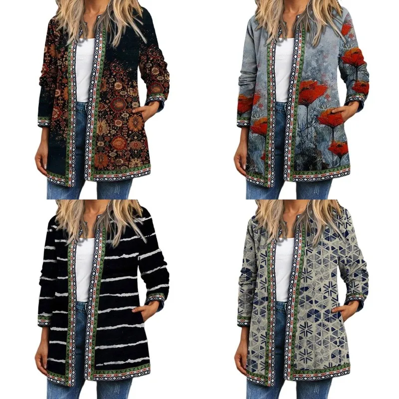 Autumn Winter 2021 Cardigan Women's Vintage Ethnic Floral Printed Long Sleeve Tunic Jackets Ladies Loose Outerwear Chic Top Coat elegant vintage dresses classy outfits women 2021 fashion spring autumn long sleeve satin yellow dress chic maxi dress