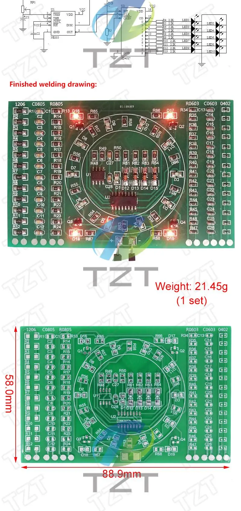 TZT 1/2/3 Stück SMD NE555 CD4017 Rotierende Blinkende LED Lötübungsplatine Elektronik-Schaltkreis-Trainingsset DIY-Kit – Detail 2