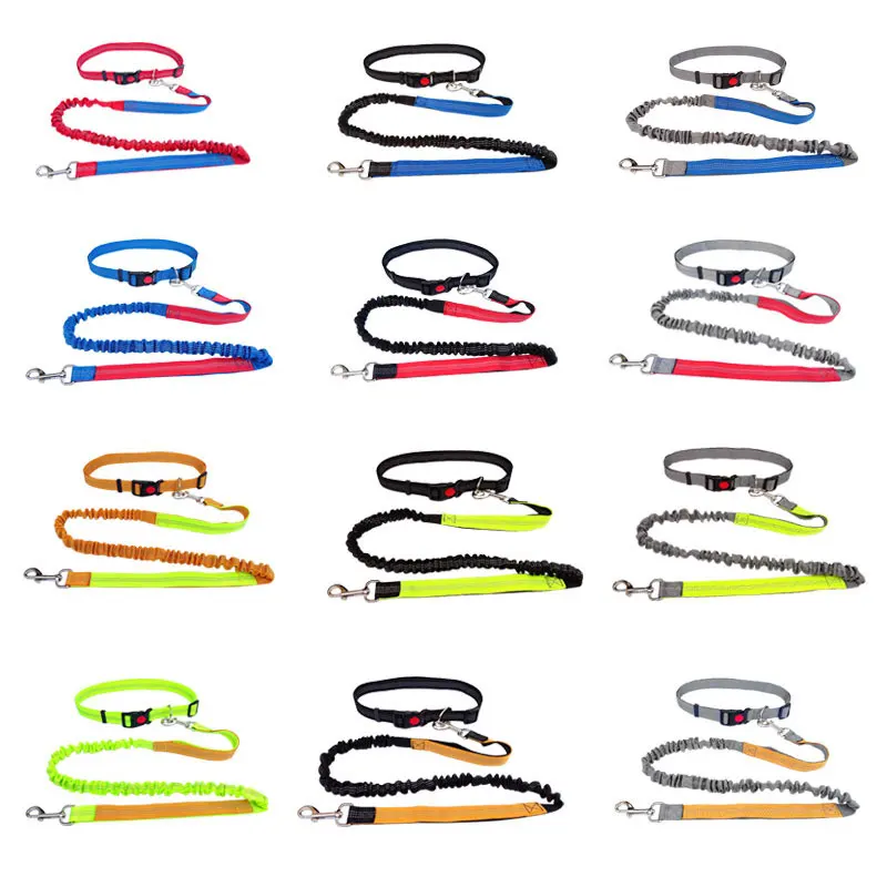 2021 Adjustable Reflective Leash Traction Rope Pet Dog Running Belt Elastic Hands Freely Jogging Pull Dog Collar D-ring Leashes