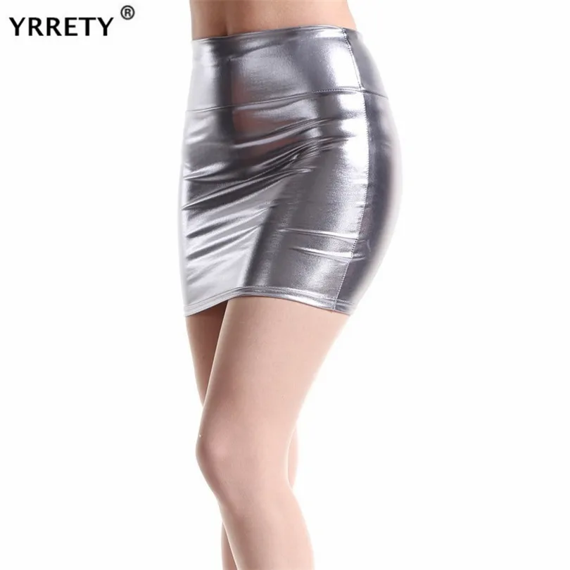 

YRRETY New Short Faux Leather Skirts Women 2020 Sexy Slim Thin Package Hip High Waist Pencil Skirt Silver Gray Black Plus Size