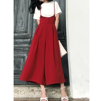 

2020 Women Spring Autumn New Style Temperament Red Jumpsuit Slim Loose Gallus High Waist Wide Leg Trousers Fashion Tide