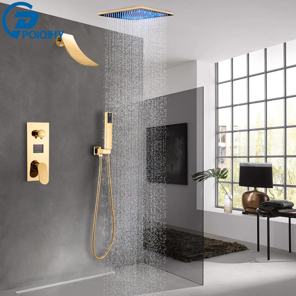 Goldenwarm Wall-Mounted Waterfall Shelf Bathroom Mixer Faucet Digital Display Shower Set