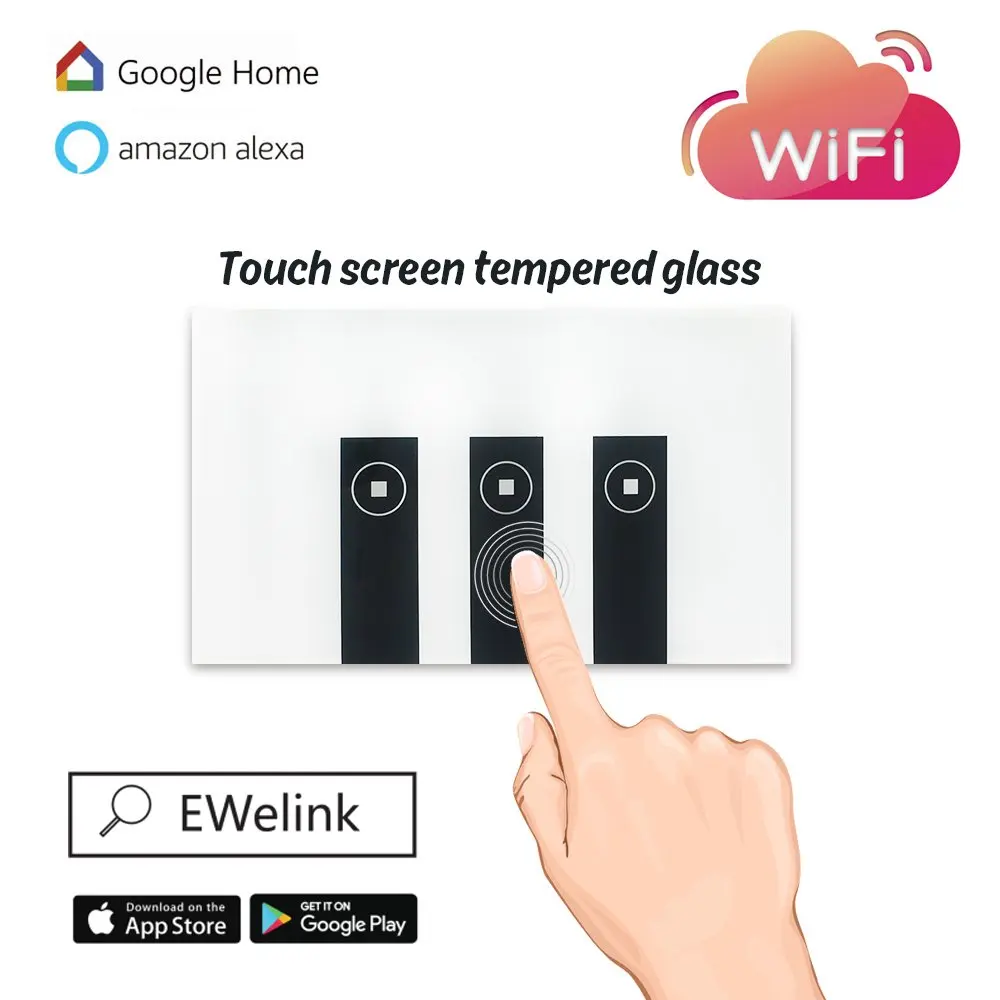 

WIFI Smart Remote Control Switch 1/ 2/3 / 4 Gang Touch Wall Light Switch Tempered Glass Panel Work with Alexa, Google Home