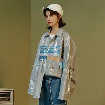 

2019 autumn fashion pvc glossy fabric leather jacket female letters print bat sleeved longer shirt style fashion outerwear F264