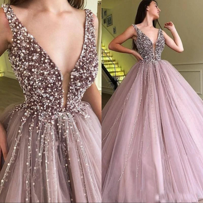 Vestido largo de graduación de cristal de cuentas modestas 2019 moderno cuello V tul abierto espalda larga vestidos de fiesta de noche|Vestidos de graduación| - AliExpress