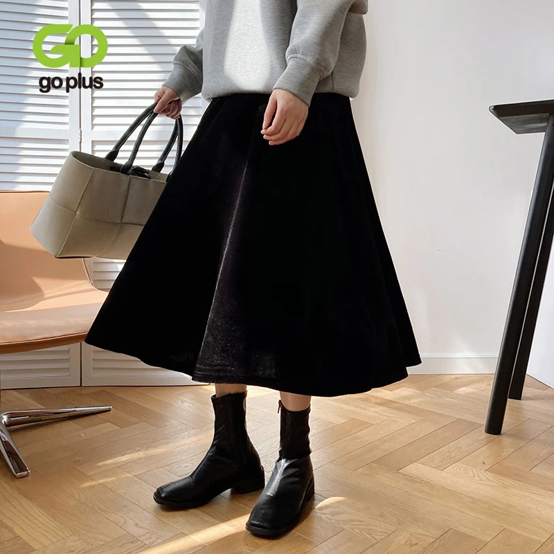 

GOPLUS Winter Woman's Skirts Vintage Elastic High Wasit A-line Mid-calf Black Skirts Womans Clothes Faldas Mujer Moda 2020