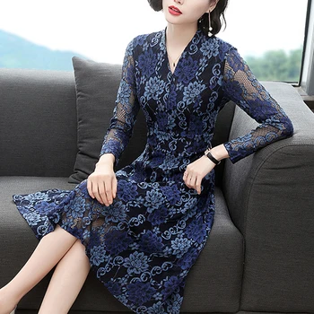 

Spring Fall Vintage Women V Neck Lace High Waisted Blue Dress , Autumn Female Womens Elegant Long Sleeve 3xl Dresses