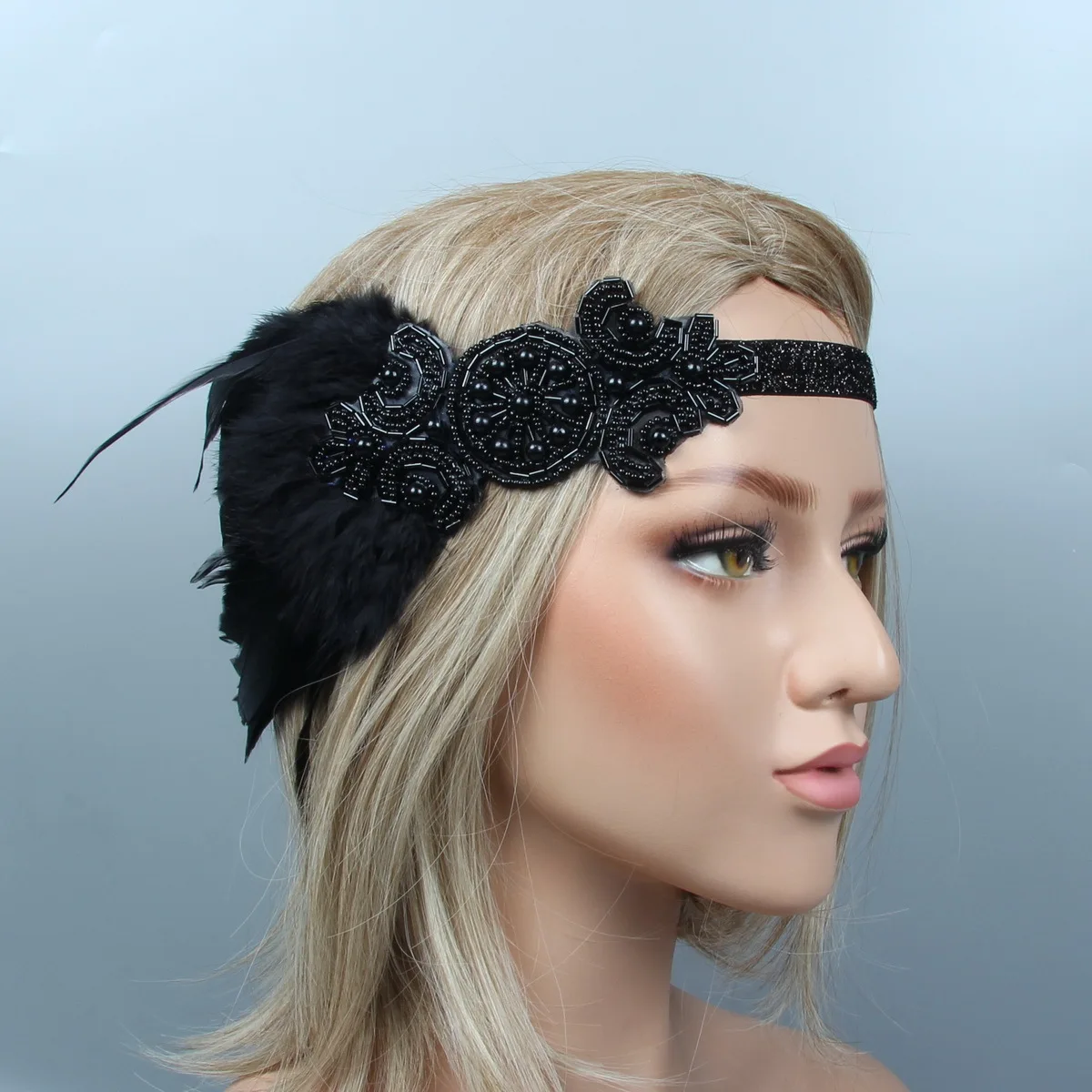 

Black Feather Hair Band Europe And America Origional Hot Sales Gatsby Feather Headwear Black And White with Pattern Hair Bands H