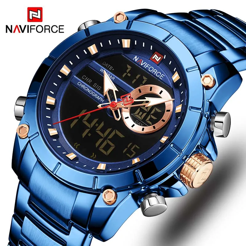 Blue Blue Naviforce Роскошные мужские часы со светящимся циферблатом, Цифровые кварцевые часы топ бренда, мужские часы, брендовые Роскошные мужские часы с двойным дисплеем - Цвет: Blue Blue
