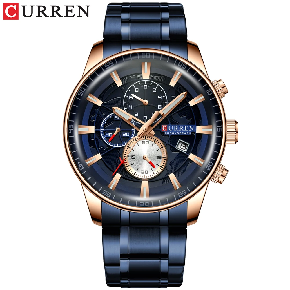 

CURREN Mens Fashion Watch Quality Sports Wristwatch with Chronograph Luminous Hands Clock Male Watch Blue Stainless Steel Band