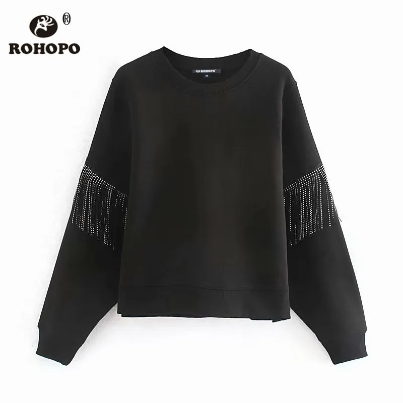 ROHOPO Tassel блестящий длинный рукав круглый вырез черный свитер блестками Джерси сплошной пуловер Хлопок Толстовки#9497 - Цвет: Черный