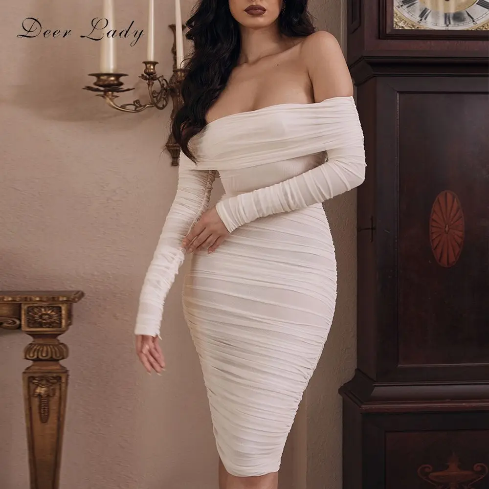 Mesh ruched off the shoulder dress Clearance