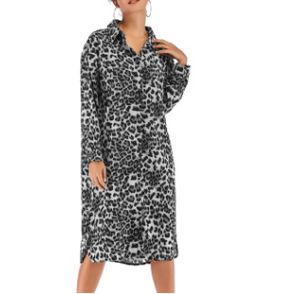 

2020 Spring Women's Print Dress Turn-Down Collar Sexy Leopard Midi A Line Dress Slim Thigh Split Shirt Dress Harajuku Fashion