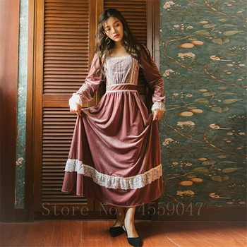 

Vintage Woman Renaissance Medieval Palace Princess Dress Elegant Retro Victorian Velvet Lace Up Evening Party Big Swing Dresses