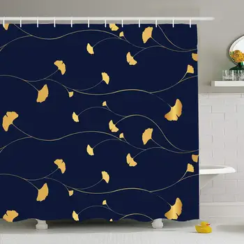 

Shower Curtain Set with Hooks 72x72 Design Textile Beautiful Texture Leafs Pattern Ginkgo Leaf Fall Graphic Blue Abstract