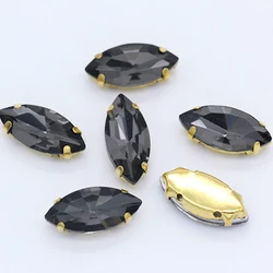 24-Color Sew-On Navette Rhinestones with Gold Claws, Marquise-Shaped for Jewelry, Fashion, and Crafting (Black diamond)