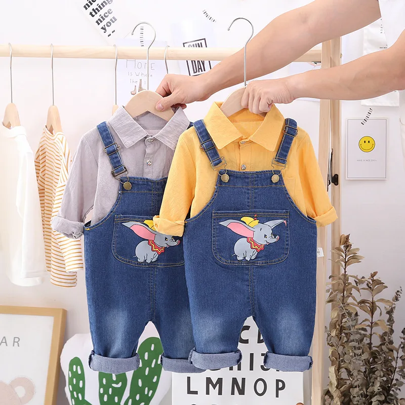 

2019 CHILDREN'S Cartoon Dumbo Cowboy Suspender Pants Two-Piece Set New Style Fold-down Collar Long Sleeve Shirt Girls Autumn Clo