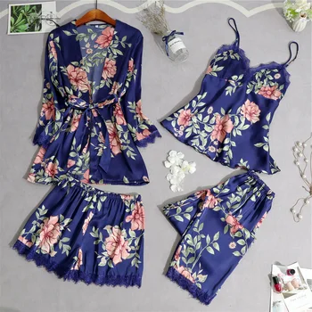 

2020 Spring and Autumn New Imitation Silk Pajamas Sexy Lace Trim Home Service Four-piece Print
