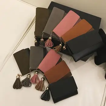

Elegant Tassel Coin Purse Women Splicing Pure Color Leather Wallet Card Bag