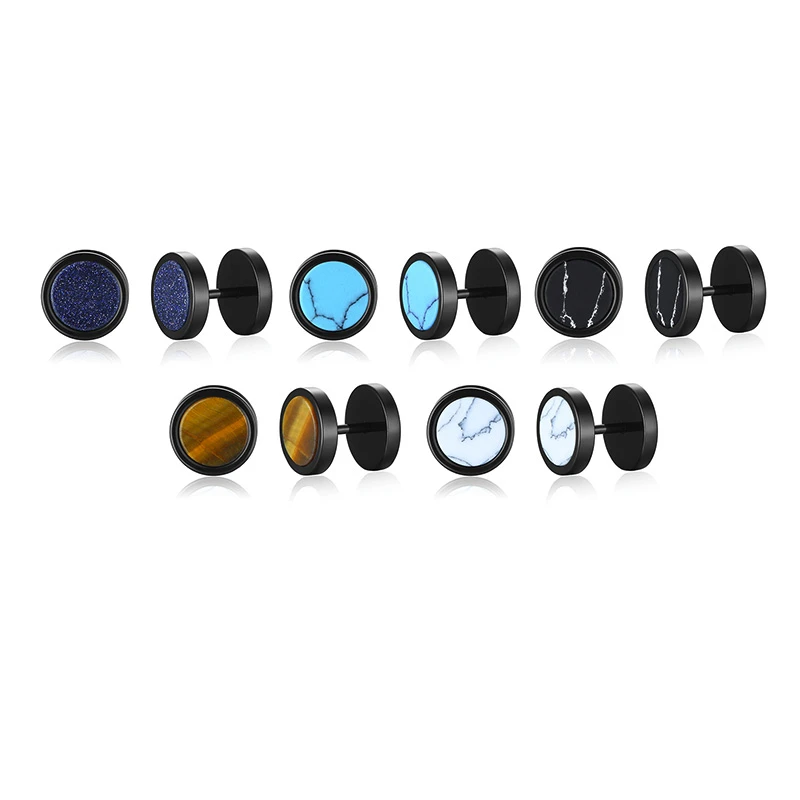 Men's Retro Tiger Eye Stone Stainless Steel Barbell Earrings (Pair)