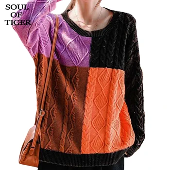 

SOUL OF TIGER Korean Fashion 2020 Winter Ladies Loose Pullovers Womens Casual Christmas Sweaters Vintage Knitted Plaid Clothes