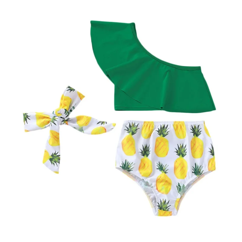

New Girls Swimwears 3PCS Set Sleeveless Shoulder Ruffles Swimsuit Pineapple Print Swimming Trunks Hair Band Bathing Suit Set
