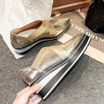 

MLJUESE 2020 women pumps autumn spring soft sheepskin gold color pointed toe slip on wedges high heels lady shoes party wedding