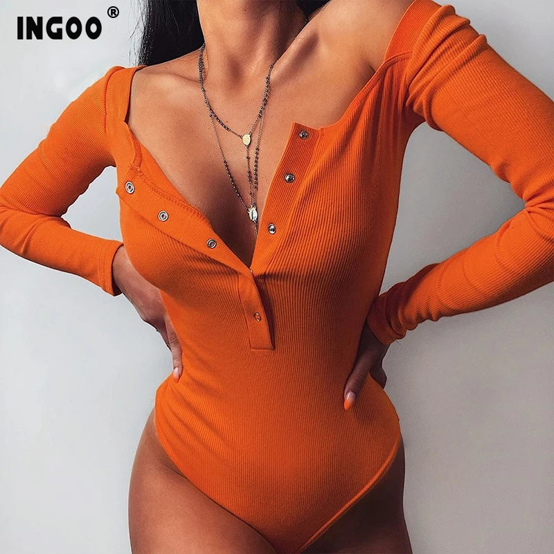 INGOO Long Sleeve Solid Bodysuit Women Knitted O Neck Button Ribbed Skinny Romper Autumn Winter Black White Body Top Bodysuits INGOO Long Sleeve Solid Bodysuit Women Knitted O Neck Button Ribbed Skinny Romper Autumn Winter Black White Body Top Bodysuits