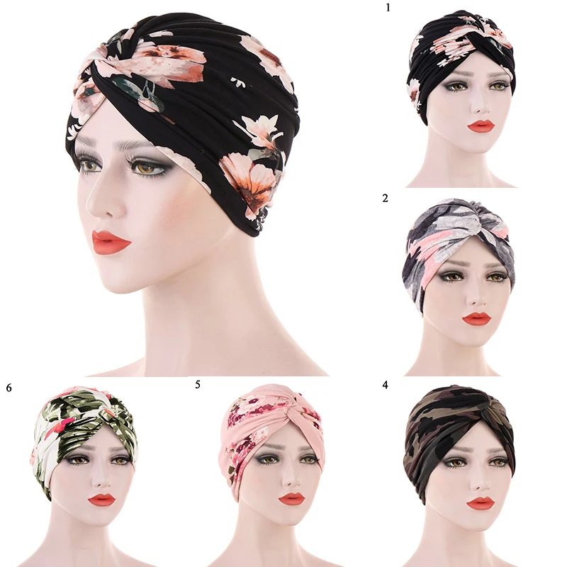 

Muslim Patterened Hijabs Stretch Head Wrap Folding Turban Printed Muslim Headwear Twisted Headscarves Bandanas Scarf Hair Hats