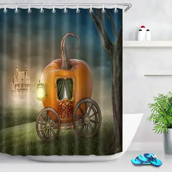 

Halloween Scene Shower Curtain, Pumpkin Carriage Dead Tree Shower Curtains for Bathroom Waterproof Fabric with Hooks