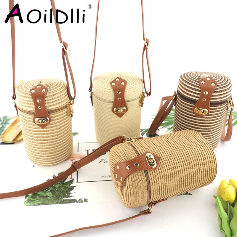 Повседневная плетеная женская сумка в форме ведра из полипропилена Соломенная