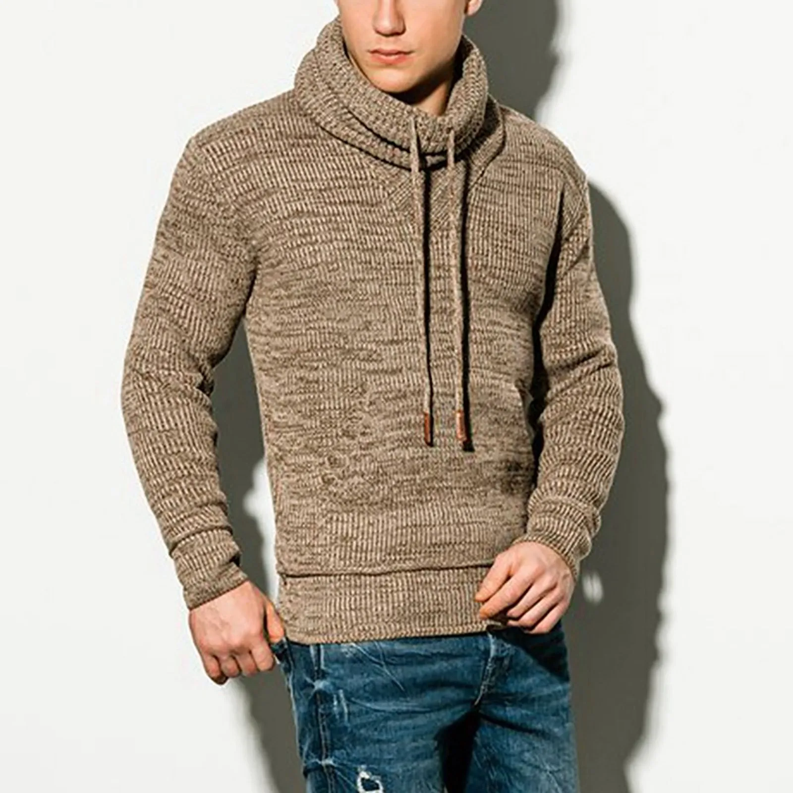 Men Hoodie Pullover Sweater Oversized Fall Winter Drawstring Stand Collar Knit Long Sleeve Casual Warm Pullover Sweater 2021 2