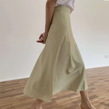 

summer silk skirts solid color high waist midi skirts womens a-line bottoms faldas korean streetwear