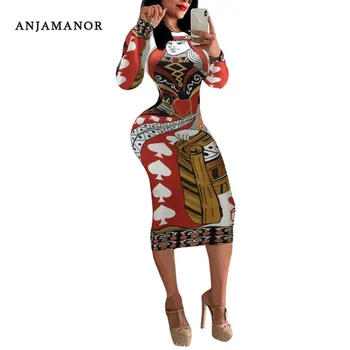 

ANJAMANOR Fashion Poker Face Print Long Sleeve Sexy Bodycon Dress Vintage Nightclub Bandage Dresses Winter 2020 D36-AB33