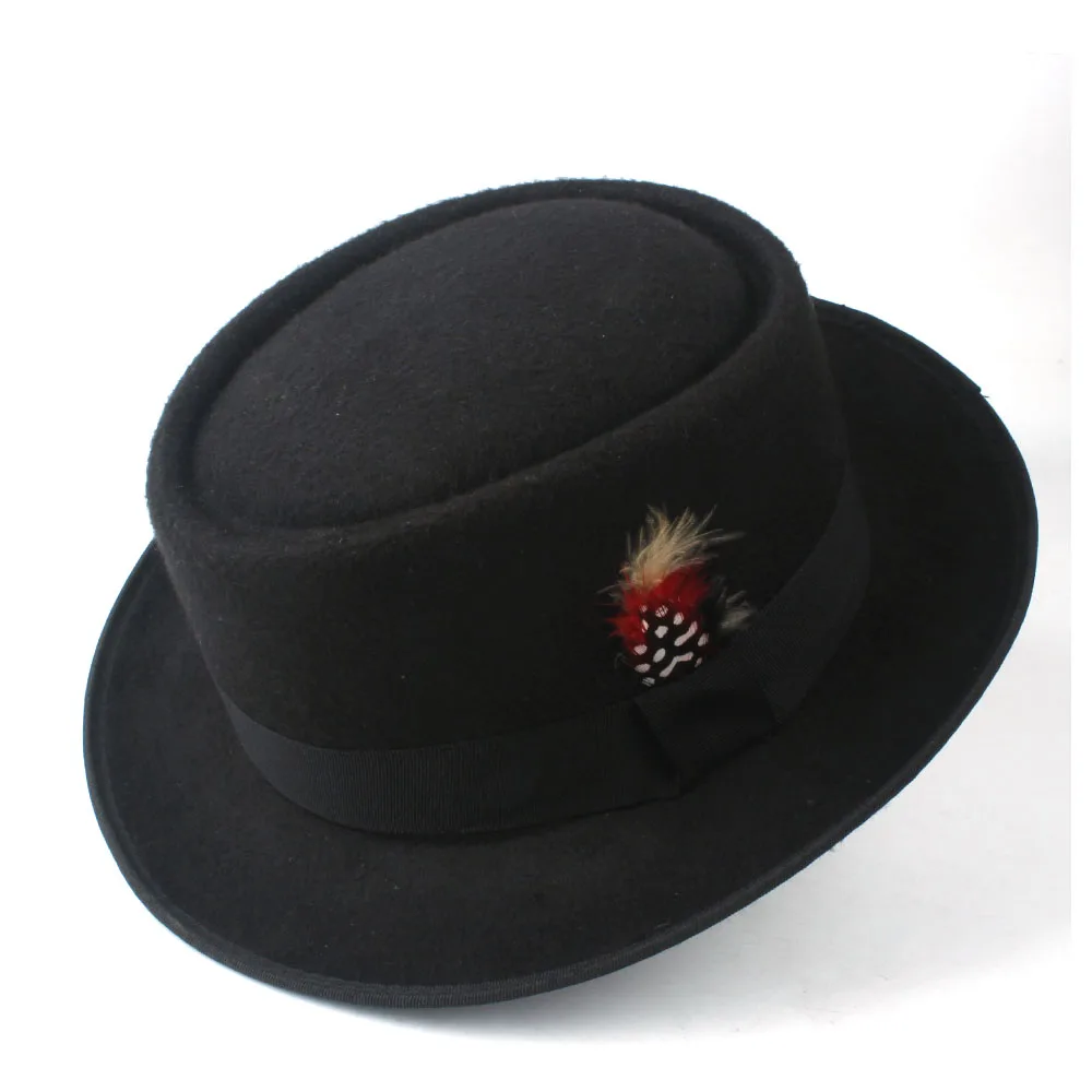 Новая мужская и женская шляпа-пирожок с пером Панама джазовая, шляпа наружная церковная Повседневная плоская фетровая шляпа в стиле джаз шляпа размер 58 см